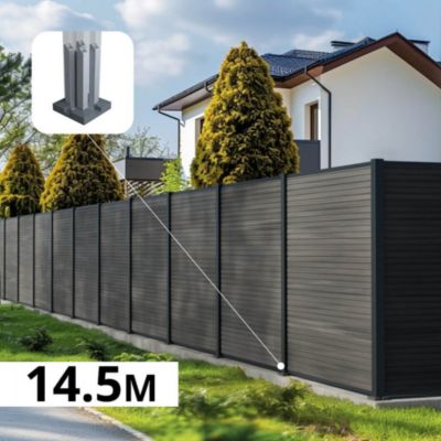 Kit Clôture Composite SANTOS Ardoise 14,5x1,8m - Bois composite & Aluminium - Poteaux sur Platines Gris - Brise vue - Palissade