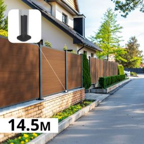 Kit Clôture Composite sur Muret CRUZ Teck 14,5x1,8m - Bois composite & Aluminium - Poteaux sur Platines Gris - Brise vue