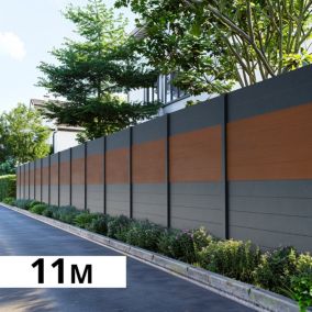 Kit Cloture Aluminium BAHIA & CRUZ Teck 11,03x1,8m - Aluminium et bois composite - Poteaux gris - Occultation - Recoupable