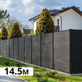 Kit Cloture Composite SANTOS Ardoise 14,5x1,8m - Bois composite & Aluminium - Poteaux Gris - Occultation - Recoupable