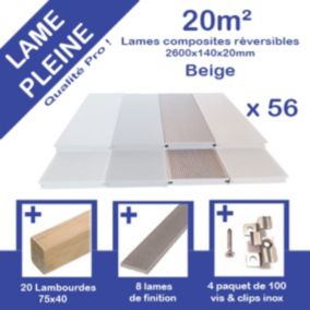 Kit complet 20m²  Terrasse lames pleine 2600x140x20 mm  BEIGE - Green Outside