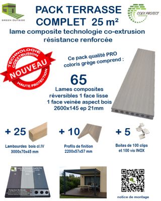 Kit complet 25m² terrasse lames composite Coexprotect 2600x145x21mm GREGE - Green Outside