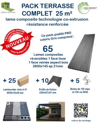 kit complet 25m² terrasse lames composite Coexprotect 2600x145x21mm GRIS - Green Outside