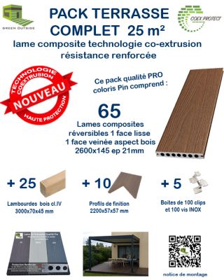 Kit complet 25m² Terrasse lames composite Coexprotect 2600x145x21mm PIN - Green Outside