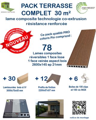 kit complet 35m² terrasse lames composite Coexprotect 2600x145x21mm PIN - Green Outside