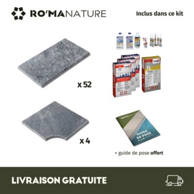 KIT COMPLET - Margelles pour piscine 10x5m en Pierre Adana Gris Bleu (avec colle, joint, hydrofuge ...)  - RO'MA NATURE