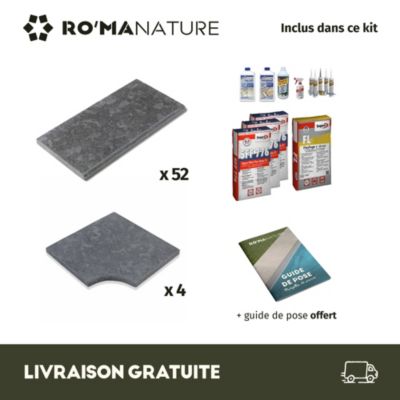 KIT COMPLET - Margelles pour piscine 10x5m en Pierre Egypte Gris (avec colle, joint, hydrofuge ...)  - RO'MA NATURE