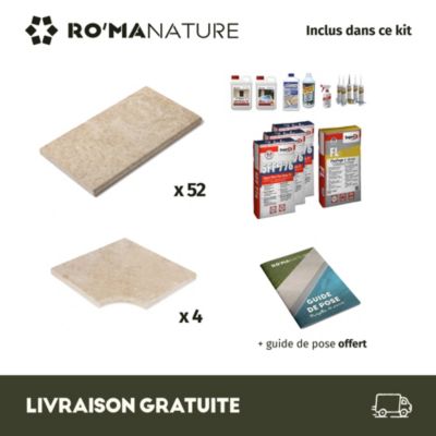 KIT COMPLET - Margelles pour piscine 10x5m en Travertin Beige Mix (avec colle, joint, hydrofuge ...)  - RO'MA NATURE