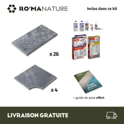 KIT COMPLET - Margelles pour piscine 4x4m en Pierre Adana Gris Bleu (avec colle, joint, hydrofuge ...)  - RO'MA NATURE