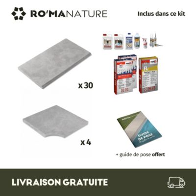 KIT COMPLET - Margelles pour piscine 6x3m en Pierre Atlas Gris (avec colle, joint, hydrofuge ...)  - RO'MA NATURE