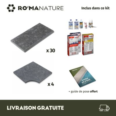 KIT COMPLET - Margelles pour piscine 6x3m en Pierre Egypte Gris (avec colle, joint, hydrofuge ...)  - RO'MA NATURE