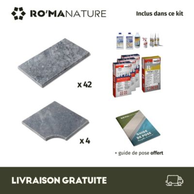 KIT COMPLET - Margelles pour piscine 8x4m en Pierre Adana Gris Bleu (avec colle, joint, hydrofuge ...)  - RO'MA NATURE