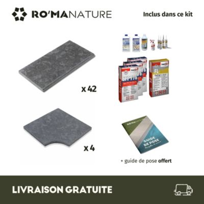 KIT COMPLET - Margelles pour piscine 8x4m en Pierre Egypte Gris (avec colle, joint, hydrofuge ...)  - RO'MA NATURE
