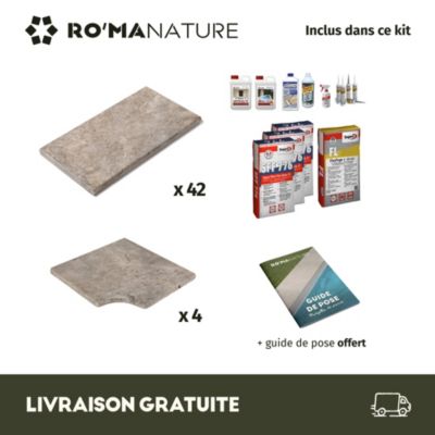 KIT COMPLET - Margelles pour piscine 8x4m en Travertin Gris (avec colle, joint, hydrofuge ...)  - RO'MA NATURE