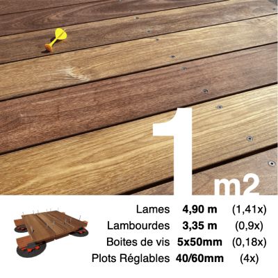 Kit complet terrasse bois exotique CUMARU pour 1 m², Lames 4,9 m, lambourdes 3,35 m, plots réglables et visserie Inox.
