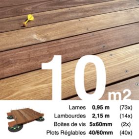 Kit complet terrasse bois exotique CUMARU pour 10 m², Lames 0,95 m, lambourdes 2,15 m, plots réglables et visserie Inox.