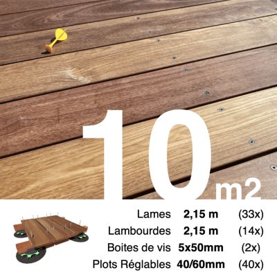 Kit complet terrasse bois exotique CUMARU pour 10 m², Lames 2,15 m, lambourdes 2,15 m, plots réglables et visserie Inox.