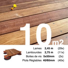 Kit complet terrasse bois exotique CUMARU pour 10 m², Lames 2,45 m, lambourdes 3,3 m, plots réglables et visserie Inox.