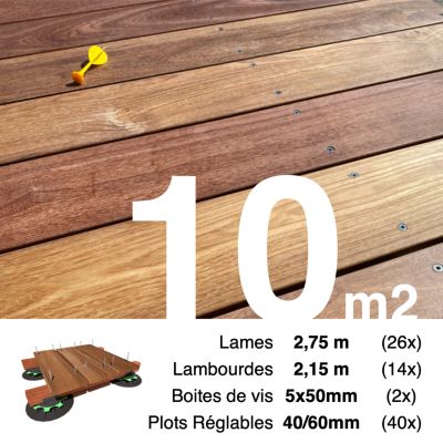 Kit complet terrasse bois exotique CUMARU pour 10 m², Lames 2,75 m, lambourdes 2,15 m, plots réglables et visserie Inox.