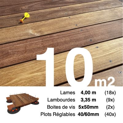 Kit complet terrasse bois exotique CUMARU pour 10 m², Lames 4 m, lambourdes 3,35 m, plots réglables et visserie Inox.