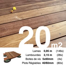 Kit complet terrasse bois exotique CUMARU pour 20 m², Lames 0,95 m, lambourdes 2,15 m, plots réglables et visserie Inox.