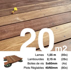 Kit complet terrasse bois exotique CUMARU pour 20 m², Lames 1,55 m, lambourdes 2,15 m, plots réglables et visserie Inox.