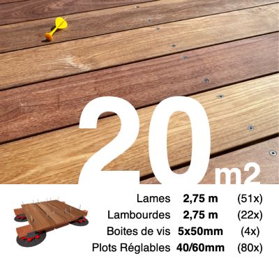 Kit complet terrasse bois exotique CUMARU pour 20 m², Lames 2,75 m, lambourdes 2,75 m, plots réglables et visserie Inox.