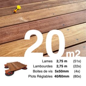 Kit complet terrasse bois exotique CUMARU pour 20 m², Lames 2,75 m, lambourdes 3,3 m, plots réglables et visserie Inox.