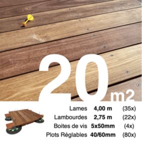 Kit complet terrasse bois exotique CUMARU pour 20 m², Lames 4 m, lambourdes 2,75 m, plots réglables et visserie Inox