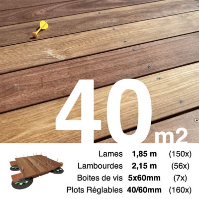 Kit complet terrasse bois exotique CUMARU pour 40 m², Lames 1,85 m, lambourdes 2,15 m, plots réglables et visserie Inox.