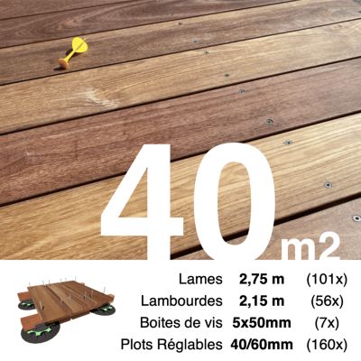 Kit complet terrasse bois exotique CUMARU pour 40 m², Lames 2,75 m, lambourdes 2,15 m, plots réglables et visserie Inox.