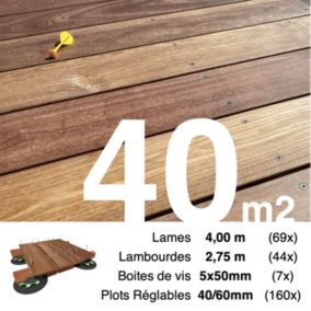 Kit complet terrasse bois exotique CUMARU pour 40 m², Lames 4 m, lambourdes 2,75 m, plots réglables et visserie Inox