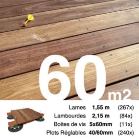 Kit complet terrasse bois exotique CUMARU pour 60 m², Lames 1,55 m, lambourdes 2,15 m, plots réglables et visserie Inox.