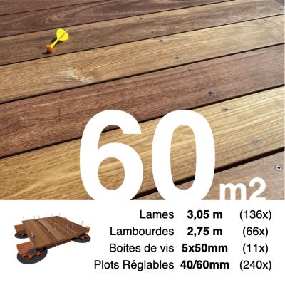 Kit complet terrasse bois exotique CUMARU pour 60 m², Lames 3,05 m, lambourdes 2,75 m, plots réglables et visserie Inox.