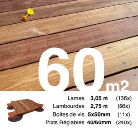 Kit complet terrasse bois exotique CUMARU pour 60 m², Lames 3,05 m, lambourdes 3,3 m, plots réglables et visserie Inox.