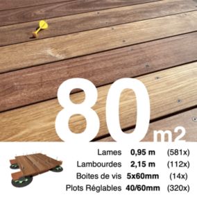 Kit complet terrasse bois exotique CUMARU pour 80 m², Lames 0,95 m, lambourdes 2,15 m, plots réglables et visserie Inox.