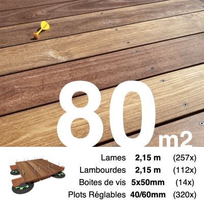 Kit complet terrasse bois exotique CUMARU pour 80 m², Lames 2,15 m, lambourdes 2,15 m, plots réglables et visserie Inox.