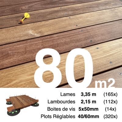 Kit complet terrasse bois exotique CUMARU pour 80 m², Lames 3,35 m, lambourdes 2,15 m, plots réglables et visserie Inox.