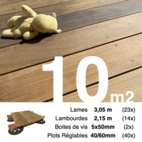 Kit complet terrasse bois exotique IPE pour 10 m², Lames 3,05 m, lambourdes 2,15 m, plots réglables et visserie Inox.