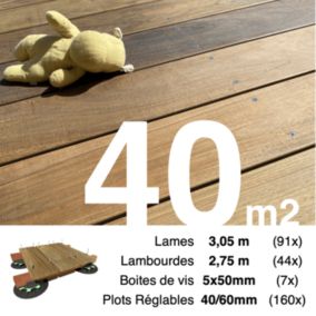 Kit complet terrasse bois exotique IPE pour 40 m², Lames 3,05 m, lambourdes 2,75 m, plots réglables et visserie Inox