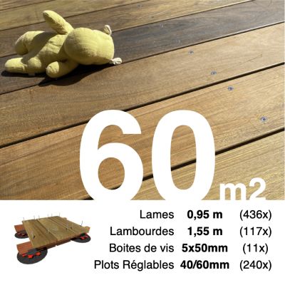 Kit complet terrasse bois exotique IPE pour 60 m², Lames 0,95 m, lambourdes 1,55 m, plots réglables et visserie Inox.