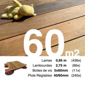 Kit complet terrasse bois exotique IPE pour 60 m², Lames 0,95 m, lambourdes 3,3 m, plots réglables et visserie Inox.