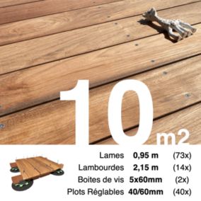 Kit complet terrasse bois exotique JATOBA pour 10 m², Lames 0,95 m, lambourdes 2,15 m, plots réglables et visserie Inox.