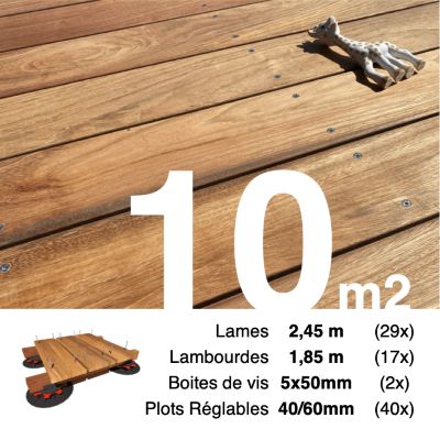 Kit complet terrasse bois exotique JATOBA pour 10 m², Lames 2,45 m, lambourdes 1,85 m, plots réglables et visserie Inox.