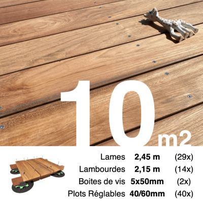 Kit complet terrasse bois exotique JATOBA pour 10 m², Lames 2,45 m, lambourdes 2,15 m, plots réglables et visserie Inox.