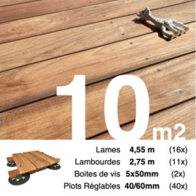 Kit complet terrasse bois exotique JATOBA pour 10 m², Lames 4,55 m, lambourdes 2,75 m, plots réglables et visserie Inox