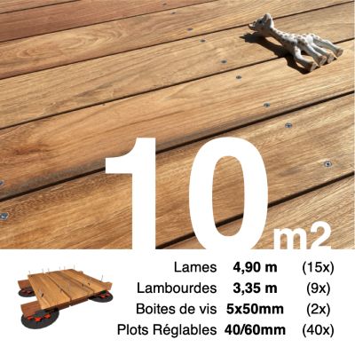 Kit complet terrasse bois exotique JATOBA pour 10 m², Lames 4,9 m, lambourdes 3,35 m, plots réglables et visserie Inox.