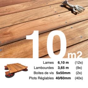 Kit complet terrasse bois exotique JATOBA pour 10 m², Lames 6,1 m, lambourdes 3,3 m, plots réglables et visserie Inox.