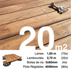 Kit complet terrasse bois exotique JATOBA pour 20 m², Lames 1,85 m, lambourdes 2,75 m, plots réglables et visserie Inox