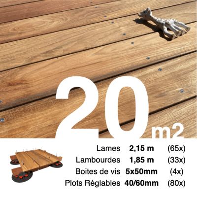 Kit complet terrasse bois exotique JATOBA pour 20 m², Lames 2,15 m, lambourdes 1,85 m, plots réglables et visserie Inox.